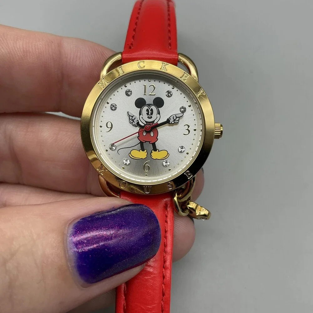 Disney Girls Watch 28mm Mickey Mouse Red Leather Gold Silver Tone New Battery